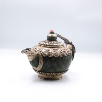 Masterpiece Silver Jade Stone Ancient Tea Pot Kettle Handmade in Nepal