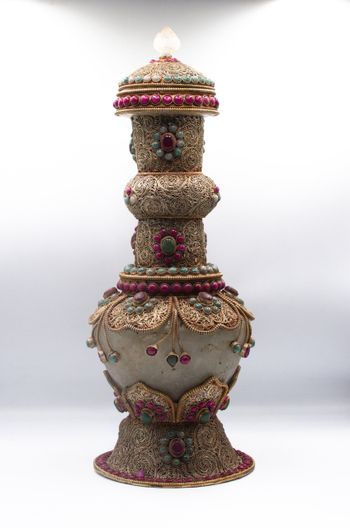 Antique Handcarved Crystal Filgree Flower Vase Home Decoration Silver Plated Inlay Jewelry Vase with Crystal quartz, Rubies and Emeralds Gemstones Handcrafted in Nepal