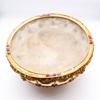 Antique Tibetan Style Gold Plated Gilt Filigree, Ruby And Emerald Mounted Rock Crystal Bowl