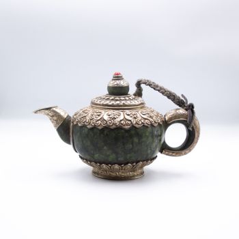 Masterpiece Silver Jade Stone Ancient Tea Pot Kettle Handmade in Nepal