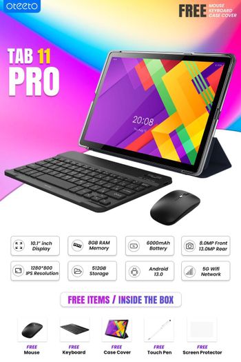 Oteeto Tab 12 Pro 10.1 Inch Display, 8 GB RAM 512 GB ROM , 1.6Ghz Octa Core Processor, 6000 Mah Battery, 8 MP Front and 13 MP Back Camera, Android 13 with Free Items Inside the Box - Gold