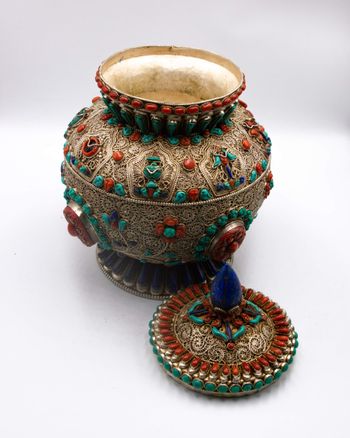 Masterpiece Nepal Pure Silver Filigree Turquoise Crystal Coral Stone Lapis Lazuli Crystal Pot Handmade in Nepal