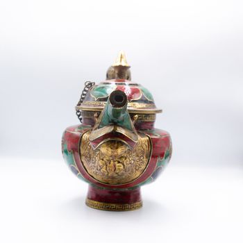 Exquisite Teapot Brass Turquoise Lapis Coral Lab Created Gemstone Handmade Nepal Tibetan Style Kettle