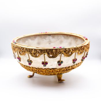 Antique Tibetan Style Gold Plated Gilt Filigree, Ruby And Emerald Mounted Rock Crystal Bowl