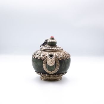 Masterpiece Silver Jade Stone Ancient Tea Pot Kettle Handmade in Nepal