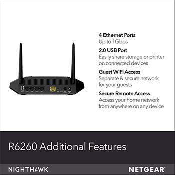 NETGEAR (R6260) - AC1600 Wi-Fi Router Dual Band Wireless Speed (up to 1600 Mbps) | Up to 1200 sq ft Coverage & 20+ Devices | 4 x 1G Fast Ethernet and 1 x 2.0 USB ports