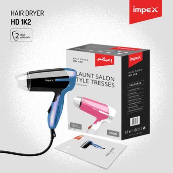 Impex HD 1K2 2000W Fast Drying and Styling Compact Design Hair Dryer with Heat Selector Narrow Concentrator Overheat Protection, Blue