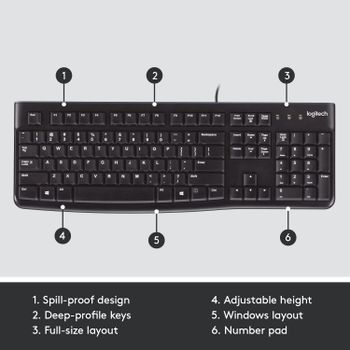 Logitech K120 Wired Business Keyboard For Windows Or Linux, Usb Plug And Play, Full Size, Spill Resistant, Curved Space Bar, Pc / Laptop, Us International Layout Black