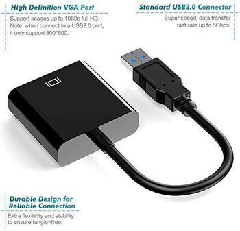 محول USB إلى VGA 1080P USB 3.0 إلى VGA بطاقة جرافيك محول كابل خارجي متعدد العرض ومحول فيديو PC لجهاز ويندوز7/8/10 كمبيوتر محمول PC جهاز العرض HDTV كروم بوك