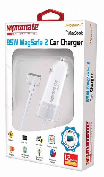 Promate Universal 85W Magsafe 2 Mac Notebook Car Charger , White