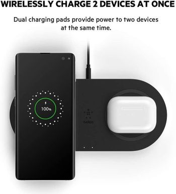 Belkin Dual Wireless Charger (Dual Wireless Charging Pad 15W) Fast Charge 2 Devices at Once, Including iPhone, AirPods, Galaxy, Pixel, more - Black