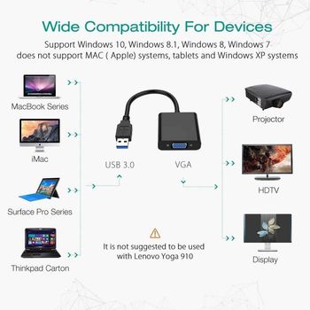 USB to VGA Adapter, 1080P USB 3.0 to VGA Video Graphic Card Display External Cable Adapter, Multi-Display Video Converter PC for Windows7/8/10 Desktop Laptop PC Monitor Projector HDTV Chromebook