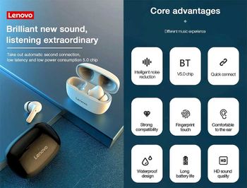 Lenovo HT05 TWS Earphones Wireless Bluetooth 5.0 Headphone HiFi Sound Built-in Mic Earbuds Sports (Color White)