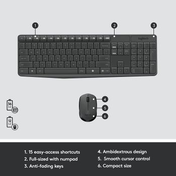 Logitech MK235 Wireless Keyboard and Mouse Combo for Windows, 2.4 GHz Wireless with Unifying USB-Receiver, Wireless Mouse, 15 FN Keys, 3-Year Battery Life, PC/Laptop, Arabic/English Layout - Black