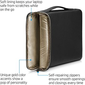 HP 3XD33AA Durable Protection- Lightweight 14" Carry Sleeve, Notebook Case Black, Gold