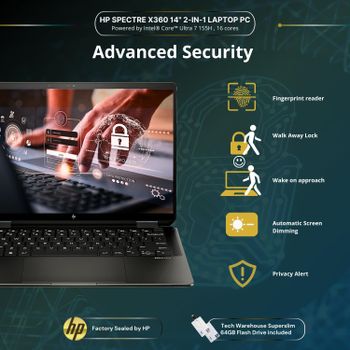 HP Spectre 2024 x360 Luxury 14T Intel® Core™ Ultra 7 155H Windows 11 Pro 14 Inch 2.8k Diagonal OLED Touch 64GB TW Flash drive 1TB SSD - 16GB RAM - Black