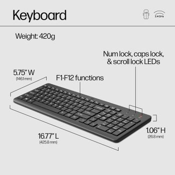 HP 330 Wireless Keyboard and Mouse Combo - 2.4 Ghz Wireless USB Receiver - Chiclet Keys, 12 Keyboard Shortcuts - 1600 DPI Multi-Surface Mouse - LED Num Lock, Caps Lock, Scroll Lock (2V9E6AA)