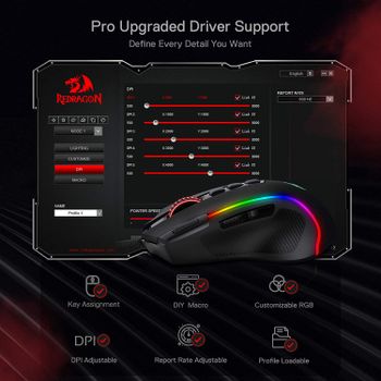 Redragon M612 Wired Optical Gaming Mouse RGB, 8000 DPI Sensitivity, 11 Programmable Buttons, 5 Backlight Modes, Software Supports Assigning Key Links, Quick Response Button - Black Color.