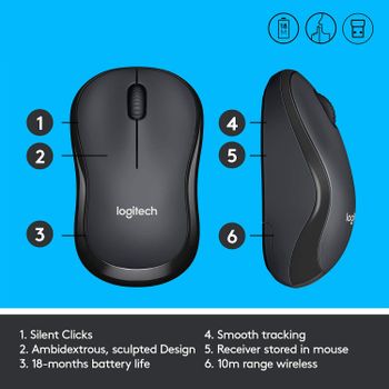 Logitech M220 Wireless Mouse, Silent Buttons, 2.4 GHz with USB Mini Receiver, 1000 DPI Optical Tracking, 18-Month Battery Life, Ambidextrous PC / Mac / Laptop - Charcoal Grey