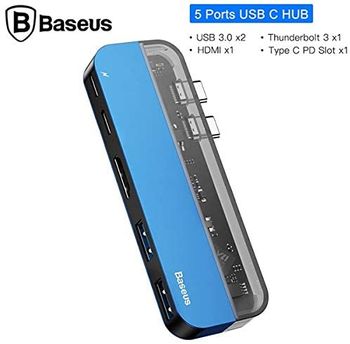 Baseus Transparent Series Dual Type-C Multifunctional HUB Adapter(Type-C to Type-C*2+USB3.0 * 2+4K HD*1) Blue