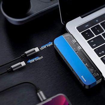 Baseus Transparent Series Dual Type-C Multifunctional HUB Adapter(Type-C to Type-C*2+USB3.0 * 2+4K HD*1) Blue