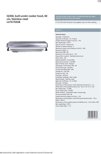 Siemens Conventional Chimney Hood, 60 cm, LU16150GB, Silver