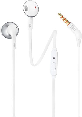 JBL Tune 205 In Ear Wired Headphone with Soft Carrying Pouch, Pure Bass Sound, 1 Button Remote, Built In Microphone, Tangle Free Flat Cable, Comfortable Fit, JBLT205CRM, K951462/White/One size