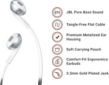 JBL Tune 205 In Ear Wired Headphone with Soft Carrying Pouch, Pure Bass Sound, 1 Button Remote, Built In Microphone, Tangle Free Flat Cable, Comfortable Fit, JBLT205CRM, K951462/White/One size