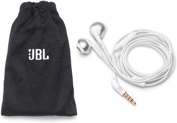 JBL Tune 205 In Ear Wired Headphone with Soft Carrying Pouch, Pure Bass Sound, 1 Button Remote, Built In Microphone, Tangle Free Flat Cable, Comfortable Fit, JBLT205CRM, K951462/White/One size