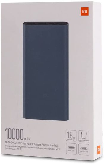 Xiaomi Mi 10000 mAh Powerbank 3 Type C [Quick Charge 18W QC3.0 USB-C Dual Output, Fast Charging] - Charge Smartphones, Tablets, Headphones, Smart Watches & Action Cam Black