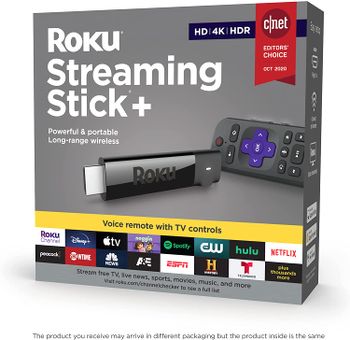 Roku Streaming Stick plus 4K HDR HD streaming player with 4x the wireless range & voice remote with TV power and volume, 3810R