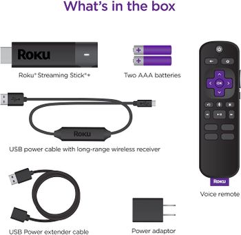 Roku Streaming Stick plus 4K HDR HD streaming player with 4x the wireless range & voice remote with TV power and volume, 3810R