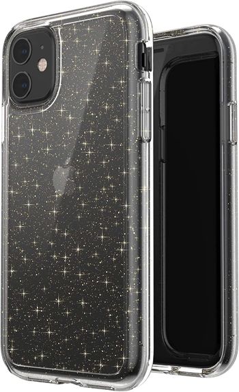 Speck iPhone 11 Case - GemShell Glitter - Clear Protective Slim Tough Cover with Dual-Layer Perimeter, Compatible with Qi Wireless Charging - Clear Glitter