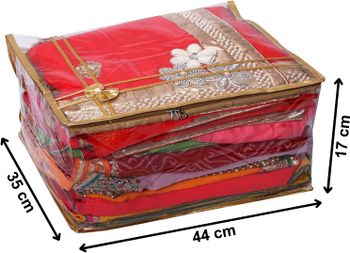 Fun Homes Bow Design 7"inch Transparent Saree Cover/Clothes Organiser For Wardrobe With Golden Border (Set of 2,Gold)-HS_38_FUNH21548