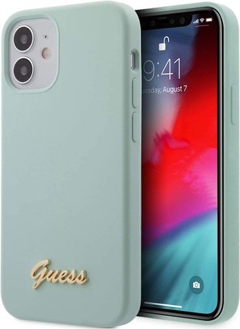 Guess GUHCP12SLSLMG Liquid SIlicone Case w/Metal Logo Script for Apple iPhone 12 5.4"/Protective Case for your Mobile Light Blue