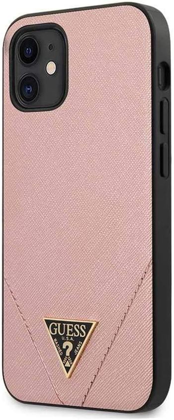 Guess PU Saffiano V Stitched w/Metal Logo Case Compatible with iPhone 12 Mini Protective Cover (5.4", Light Pink)