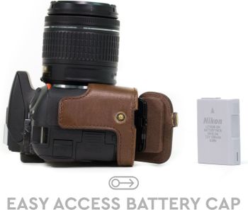 MegaGear Nikon D5600, D5500 Ever Ready Leather Camera Half Case and Strap, with Battery Access - Dark Brown - MG1171