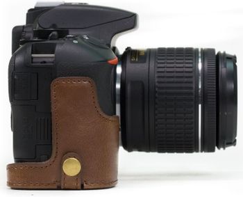 MegaGear Nikon D5600, D5500 Ever Ready Leather Camera Half Case and Strap, with Battery Access - Dark Brown - MG1171