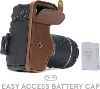 MegaGear Nikon D5600, D5500 Ever Ready Leather Camera Half Case and Strap, with Battery Access - Dark Brown - MG1171