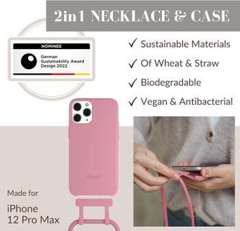 Woodcessories - 2in1 Necklace Phone Case Compatible with iPhone 12 Pro Max Crossbody Case with Strap Coral Pink, Detachable, Eco friendly