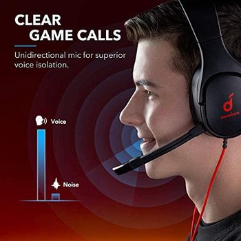 انكر Soundcore Strike 1 Gaming Headship و Stereo Sound + وتحسين الصوت لألعاب FPS والميكروفون المعزول للضوضاء ووسائد جل التبريد وسماعة رأس الألعاب المتوافقة مع PS4 والكمبيوتر الشخصي اسود و احمر