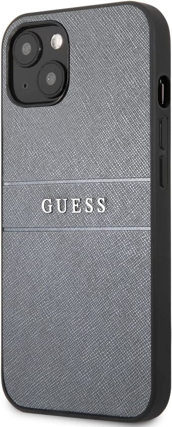 Guess Pu Leather Case Saffiano With Metal Logo Hot Stamp Stripes For Iphone 13 (6.1") - Gray