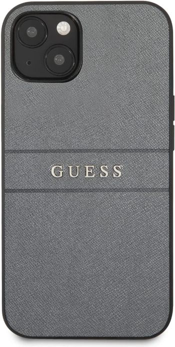 Guess Pu Leather Case Saffiano With Metal Logo Hot Stamp Stripes For Iphone 13 (6.1") - Gray