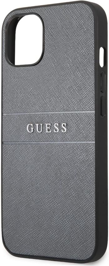 Guess Pu Leather Case Saffiano With Metal Logo Hot Stamp Stripes For Iphone 13 (6.1") - Gray