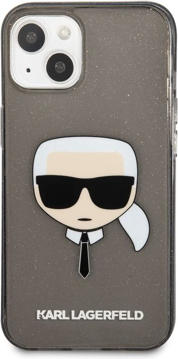 حافظة هاتف CG MOBILE Karl Lagerfeld مصنوعة من مادة TPU اللامعة الكاملة لرأس كارل متوافق مع آيفون 13 متينة، مقاومة للصدمات، حماية ممتصة للصدمات، مضادة للخدش - أسود