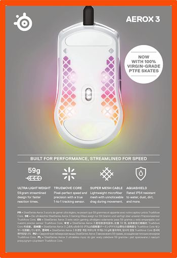 SteelSeries Aerox 3 - Super Light Gaming Mouse - 8,500 CPI TrueMove Core Optical Sensor - Ultra-lightweight 59g Water Resistant Design - Universal USB-C connectivity - Snow