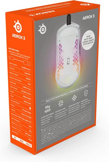 SteelSeries Aerox 3 - Super Light Gaming Mouse - 8,500 CPI TrueMove Core Optical Sensor - Ultra-lightweight 59g Water Resistant Design - Universal USB-C connectivity - Snow