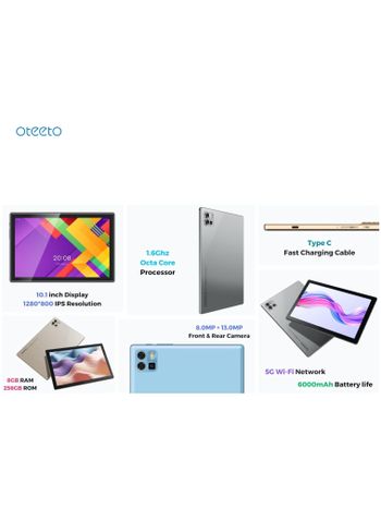 Oteeto TAB 11 Pro Tablet 10.1 Inch IPS LCD 8GB RAM + 512 GB ROM 5G Network 6000 mAh 8MP Front + 13MP Rear Camera Octa Core 1.3GHz Android 13 Includes Keyboard Touch Pen Mouse - Blue