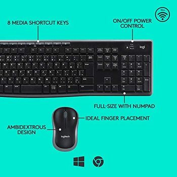 Logitech MK270 Wireless Keyboard and Mouse Combo for Windows, 2.4 GHz Wireless, Compact Wireless Mouse, 8 Multimedia & Shortcut Keys,PC/Laptop, Black/Black/one size