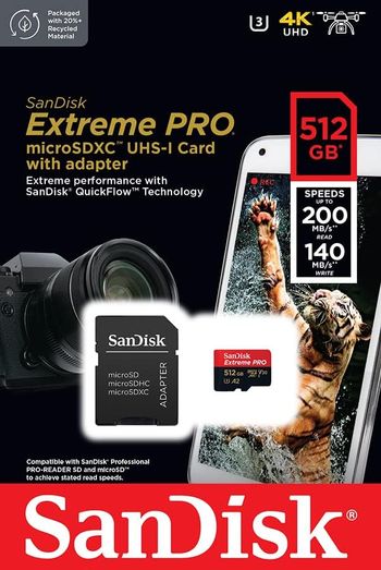 SanDisk 512GB Extreme Pro microSD UHS I Card for 4K Video on Smartphones, Action Cams & Drones 200MB/s Read, 140MB/s Write, SDSQXCD 512G GN6MA - Red, Black